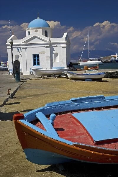 Greece and Greek Island of Mykonos and the harbor town of Hora and the church of