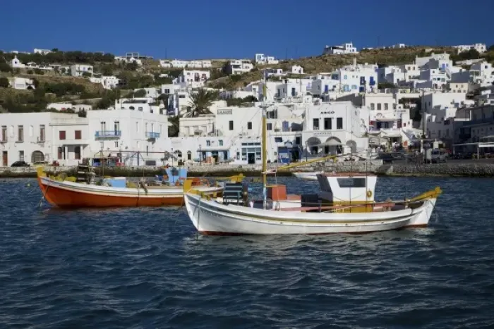 Framed Print : Greece and Greek Island of Mykonos and the harbor town of Hora with colorful fishing Framed Print : Greece and Greek Island of Mykonos and the harbor town of Hora with colorful fishing