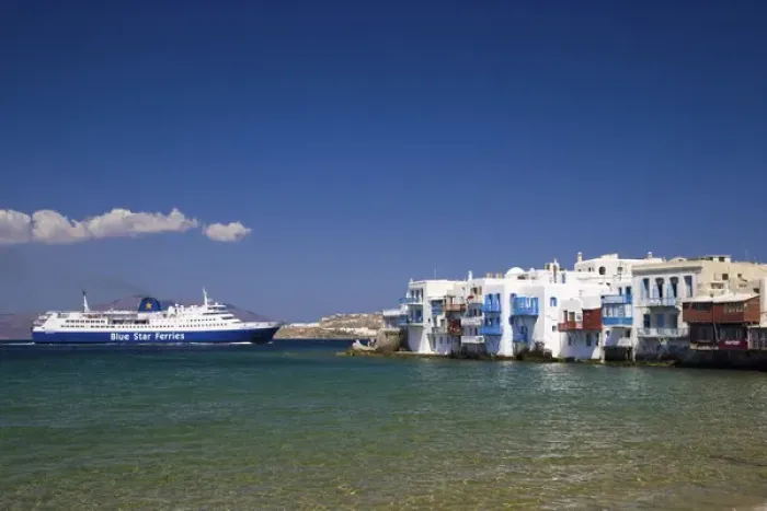 Framed Print : Greece and Greek Island of Mykonos and the harbor town of Hora Ferry coming into