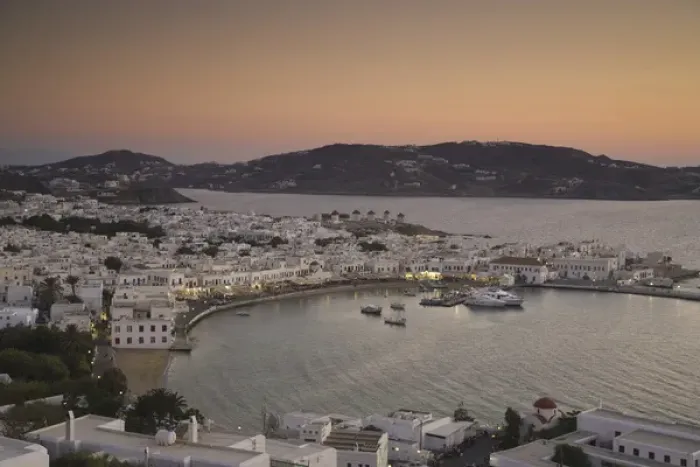 Framed Print : Greece and Greek Island of Mykonos and the harbor town of Hora just after sunset