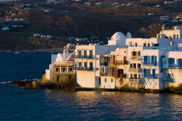 Framed Print : Greece and Greek Island of Mykonos and the harbor town of Hora along the shoreline