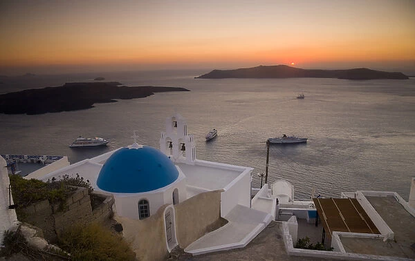 Greece and Greek Island of Santorini town of Fira with Blue Domed Church and Bell