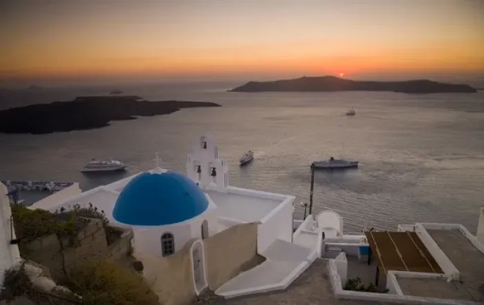 Framed Print : Greece and Greek Island of Santorini town of Fira with Blue Domed Church and Bell