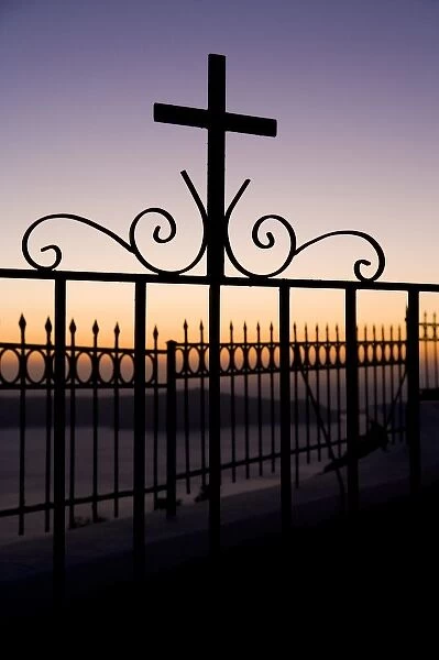 Greece and Greek Island of Santorini town of Fira with metal iron work and silhouette
