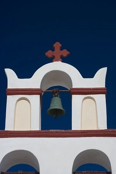 Greece and Greek Island of Santorini town of Oia with bell tower over looking the