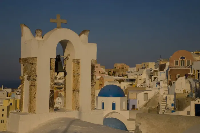 Framed Print : Greece and Greek Island of Santorini town of Oia with bell tower over looking Framed Print : Greece and Greek Island of Santorini town of Oia with bell tower over looking