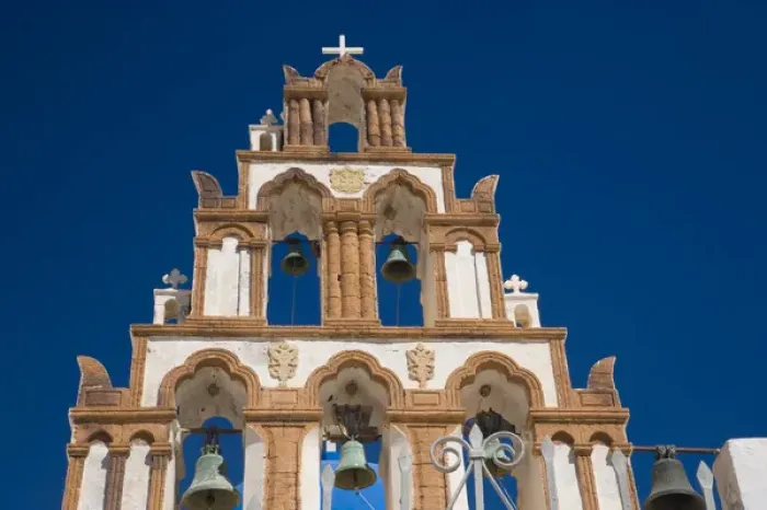 Framed Print : Greece and Greek Island of Santorini town of Oia with bell tower over looking Framed Print : Greece and Greek Island of Santorini town of Oia with bell tower over looking