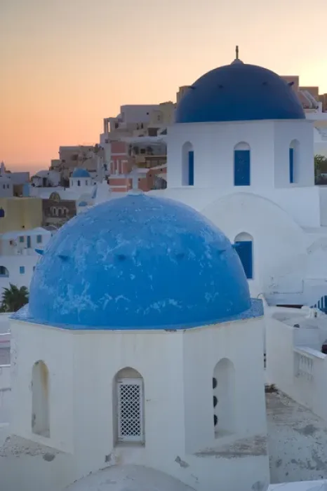 Framed Print : Greece and Greek Island of Santorini town of Oia with Blue Domed Churches with white