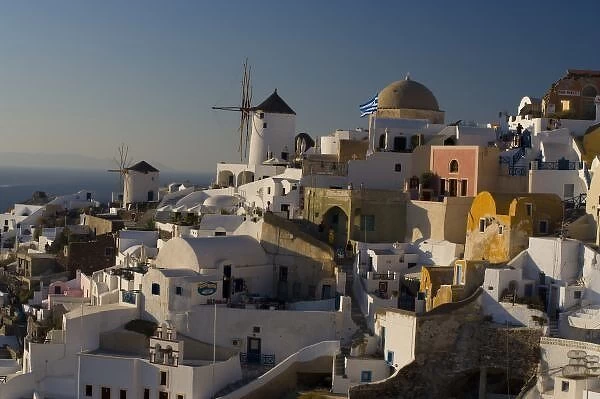 Greece and Greek Island of Santorini town of Oia in evening light with the many homes