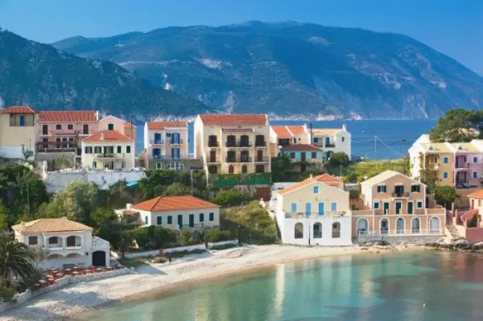 Framed Print : GREECE, Ionian Islands, KEFALONIA, Assos: Waterfront Resort Houses Framed Print : GREECE, Ionian Islands, KEFALONIA, Assos: Waterfront Resort Houses