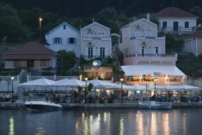 Framed Print : GREECE, Ionian Islands, KEFALONIA, Fiskardo: Yacht Harbor, Evening Cafe View Framed Print : GREECE, Ionian Islands, KEFALONIA, Fiskardo: Yacht Harbor, Evening Cafe View