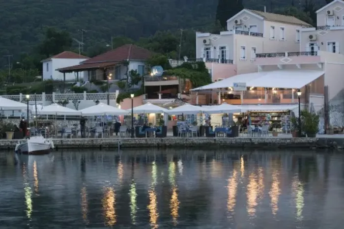 Framed Print : GREECE, Ionian Islands, KEFALONIA, Fiskardo: Yacht Harbor, Evening Cafe View Framed Print : GREECE, Ionian Islands, KEFALONIA, Fiskardo: Yacht Harbor, Evening Cafe View
