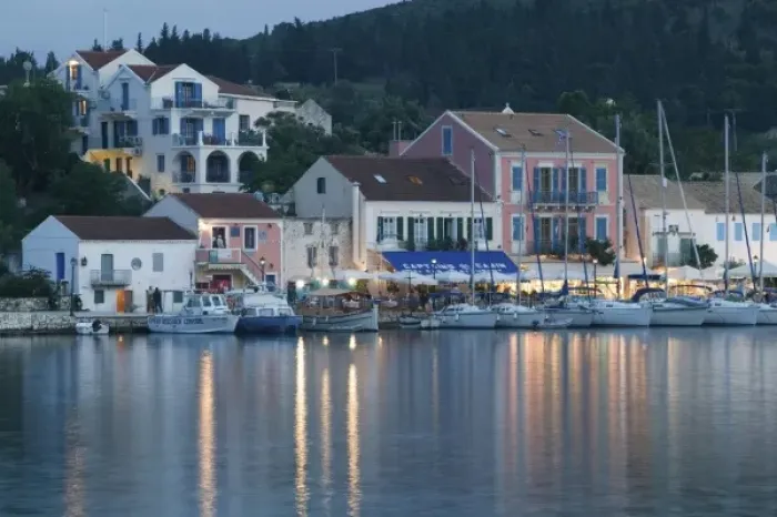 Framed Print : GREECE, Ionian Islands, KEFALONIA, Fiskardo: Yacht Harbor, Evening View