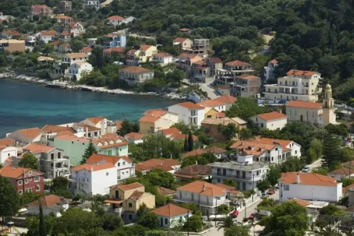 Framed Print : GREECE, Ionian Islands, KEFALONIA, Agia Efymia: Town View on Efymia Bay