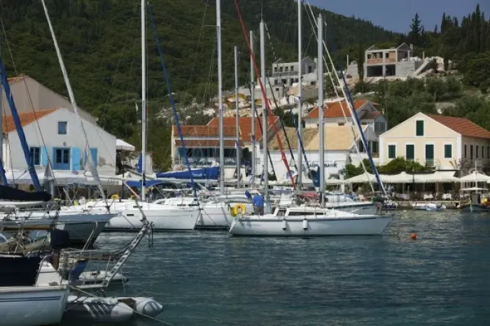 Framed Print : GREECE, Ionian Islands, KEFALONIA, Fiskardo: Yacht Harbor View