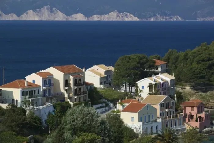Framed Print : GREECE, Ionian Islands, KEFALONIA, Assos: Waterfront Resort Houses Framed Print : GREECE, Ionian Islands, KEFALONIA, Assos: Waterfront Resort Houses