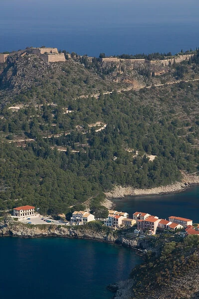 GREECE-Ionian Islands-KEFALONIA-Assos: Morning View of Assos and Venetian Castle