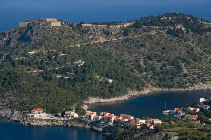 Framed Print : GREECE-Ionian Islands-KEFALONIA-Assos: Morning View of Assos and Venetian Castle