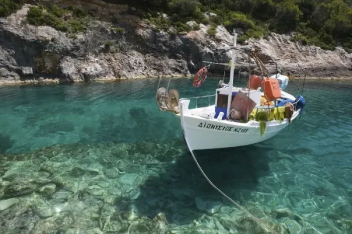 Framed Print : GREECE, Ionian Islands, ZAKYNTHOS, VROMI BAY: Fishing Boat