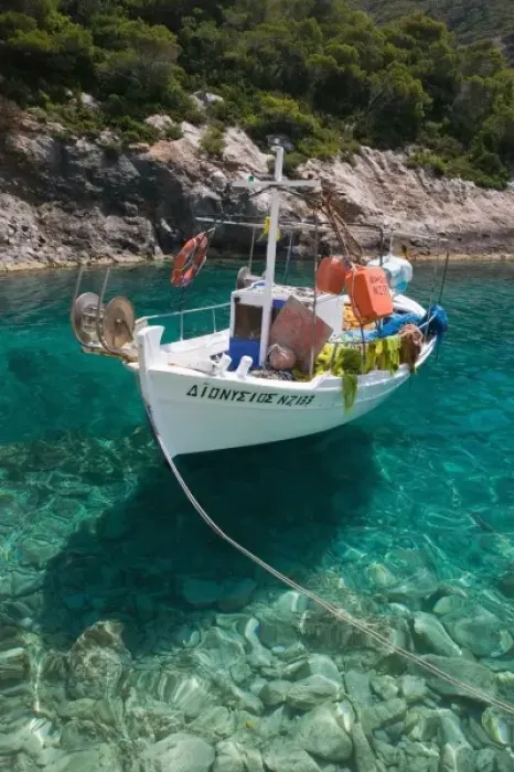 Framed Print : GREECE, Ionian Islands, ZAKYNTHOS, VROMI BAY: Fishing Boat