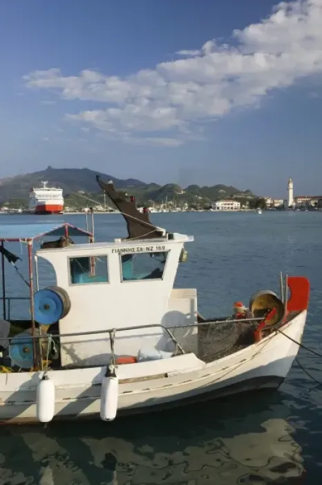 Framed Print : GREECE, Ionian Islands, ZAKYNTHOS, ZAKYNTHOS TOWN: Fishing Boat  /  Town Waterfront