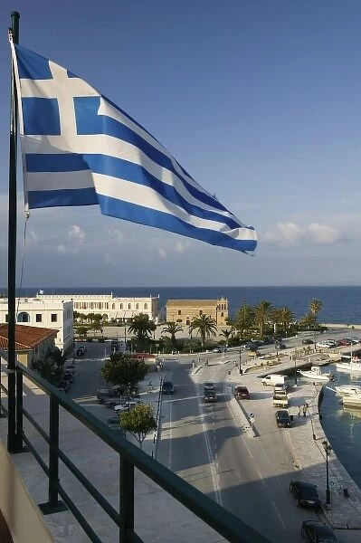 GREECE, Ionian Islands, ZAKYNTHOS: Greek Flag & Town Waterfront