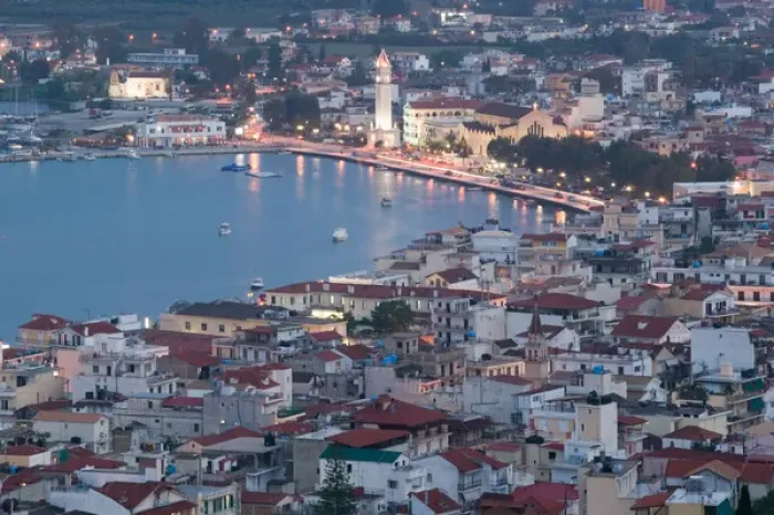 Framed Print : GREECE-Ionian Islands-ZAKYNTHOS: Evening Town View from Venetian Kastro Castle