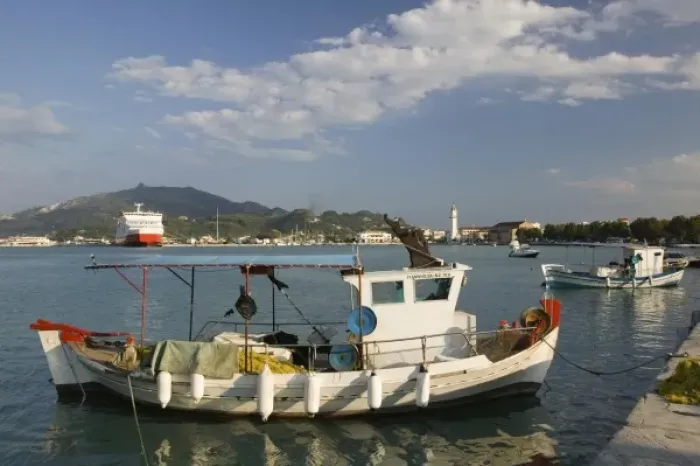Framed Print : GREECE, Ionian Islands, ZAKYNTHOS: Fishing Boat / Town Waterfront Framed Print : GREECE, Ionian Islands, ZAKYNTHOS: Fishing Boat / Town Waterfront