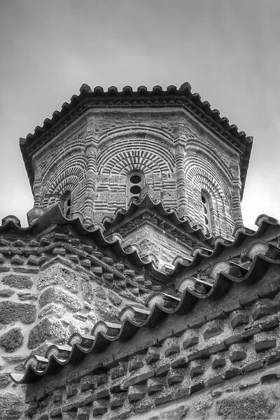 Greece, Meteora. Black and white of tower at Varlaam Monastery