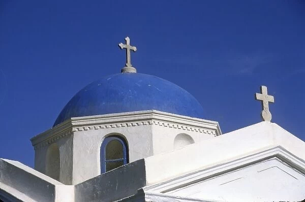 Greece, Mykonos. Blue domed church