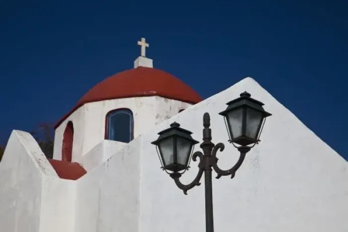 Framed Print : Greece, Mykonos, Chapel with red dome and streetlight in the interior of the island Framed Print : Greece, Mykonos, Chapel with red dome and streetlight in the interior of the island