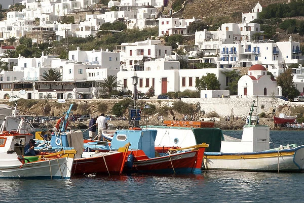 Greece, Mykonos, Chora. Fishing boats in the harbor of Mykonos