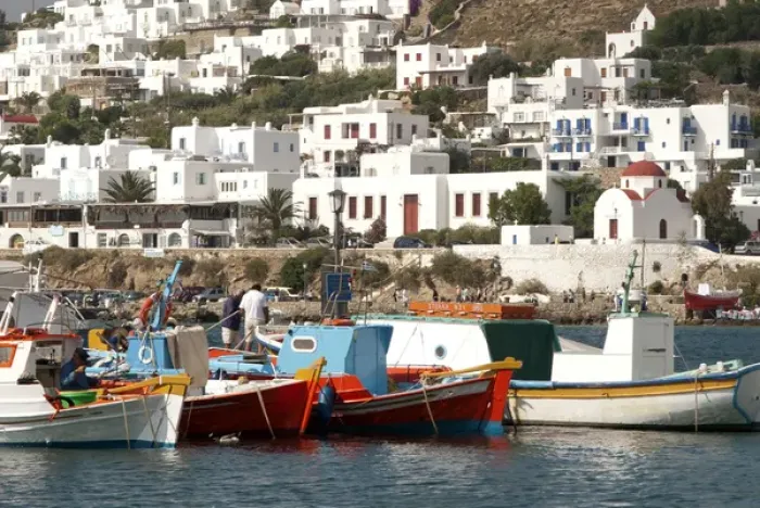 Framed Print : Greece, Mykonos, Chora. Fishing boats in the harbor of Mykonos