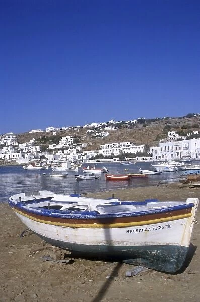 Greece, Mykonos. Fishing boats in the harbor