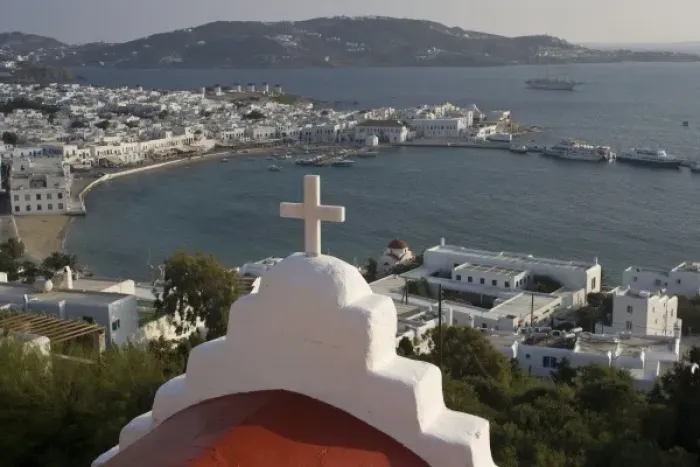 Framed Print : Greece, Mykonos, Hora. Greek Orthodox church and cross overlook harbor and town Framed Print : Greece, Mykonos, Hora. Greek Orthodox church and cross overlook harbor and town