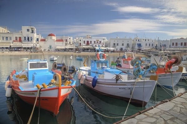 Greece, Mykonos, Hora, Harbor with colorful and old fishing boats