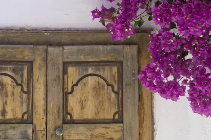 Framed Print : Greece, Mykonos, Hora. Part of wooden doorway and bougainvillea Framed Print : Greece, Mykonos, Hora. Part of wooden doorway and bougainvillea