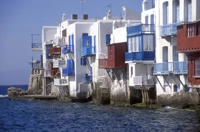 Framed Print : Greece, Mykonos. Outdoor dining and cafes of Little Venice Framed Print : Greece, Mykonos. Outdoor dining and cafes of Little Venice