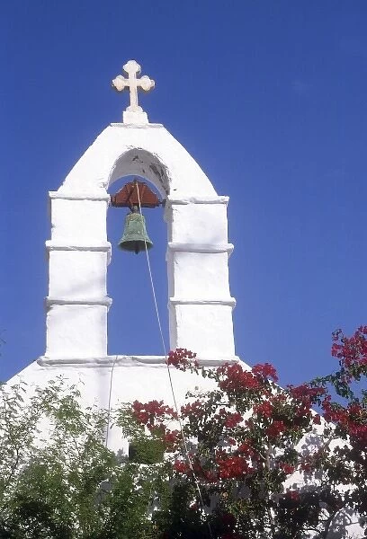 Greece, Mykonos. Typical church tower and bell