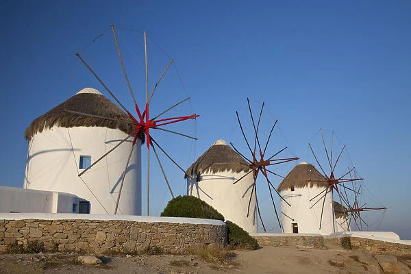 Greece, Mykonos, Windmills Along the Water