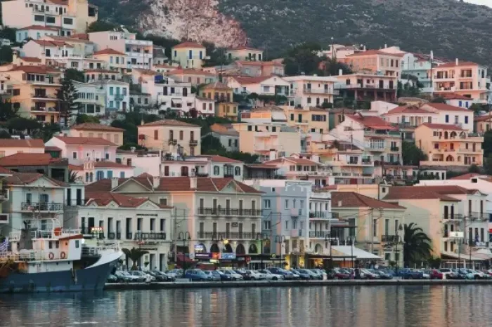 Framed Print : GREECE, Northeastern Aegean Islands, SAMOS, Vathy (Samos Town): Sunset Light on Harborfront Framed Print : GREECE, Northeastern Aegean Islands, SAMOS, Vathy (Samos Town): Sunset Light on Harborfront