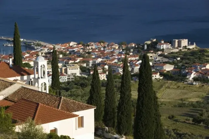 Framed Print : GREECE, Northeastern Aegean Islands, SAMOS, Pythagorio: Town View with Belltower Framed Print : GREECE, Northeastern Aegean Islands, SAMOS, Pythagorio: Town View with Belltower