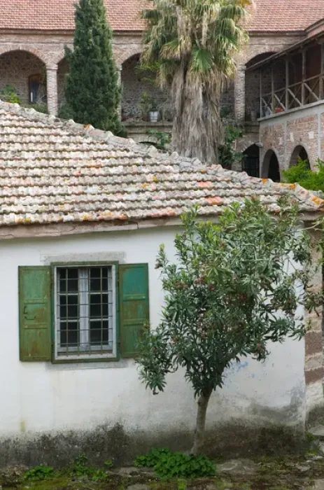 Framed Print : GREECE-Northeastern Aegean Islands-LESVOS (Mytilini)-Filia: Limonos Monastery- Courtyard Framed Print : GREECE-Northeastern Aegean Islands-LESVOS (Mytilini)-Filia: Limonos Monastery- Courtyard