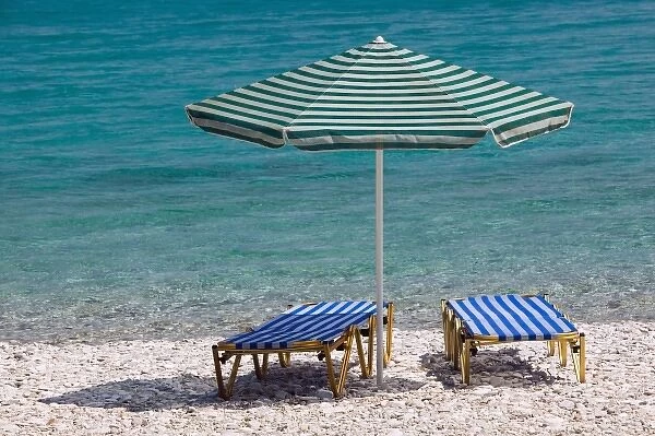 GREECE, Northeastern Aegean Islands, SAMOS, Kokkari: Beach Chairs on Tsamadou Beach