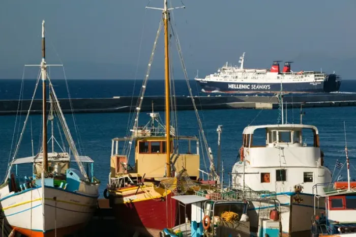 Framed Print : GREECE-Northeastern Aegean Islands-SAMOS-Karlovasi: Port View with Greek Island Ferry
