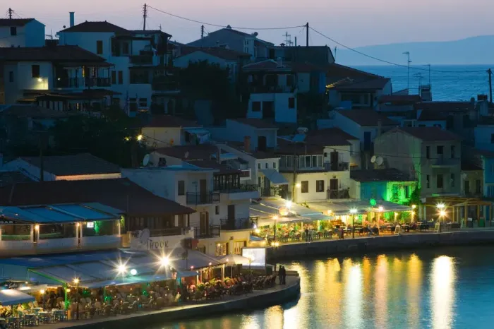 Framed Print : GREECE-Northeastern Aegean Islands-SAMOS-Kokkari: Harborfront Area  /  Dusk