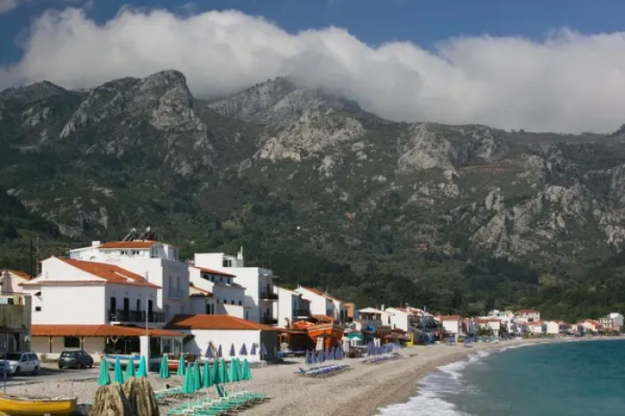 Framed Print : GREECE-Northeastern Aegean Islands-SAMOS-Kokkari: Resort Town with Mountain Mist