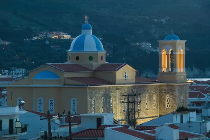 Framed Print : GREECE-Northeastern Aegean Islands-SAMOS-Kokkari: Town Church  /  Evening