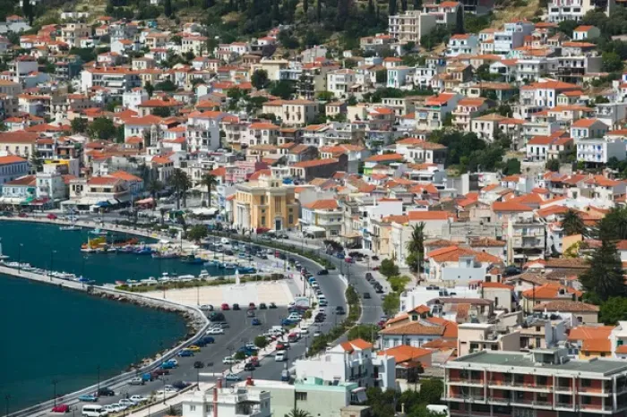 Framed Print : GREECE-Northeastern Aegean Islands-SAMOS-Vathy (Samos Town): Town View with Harbor Framed Print : GREECE-Northeastern Aegean Islands-SAMOS-Vathy (Samos Town): Town View with Harbor