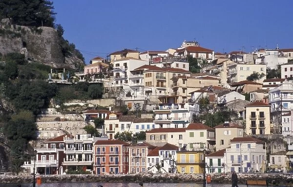 Greece, Parga, Epirus. View of Kastro and buildings overlooking harbor